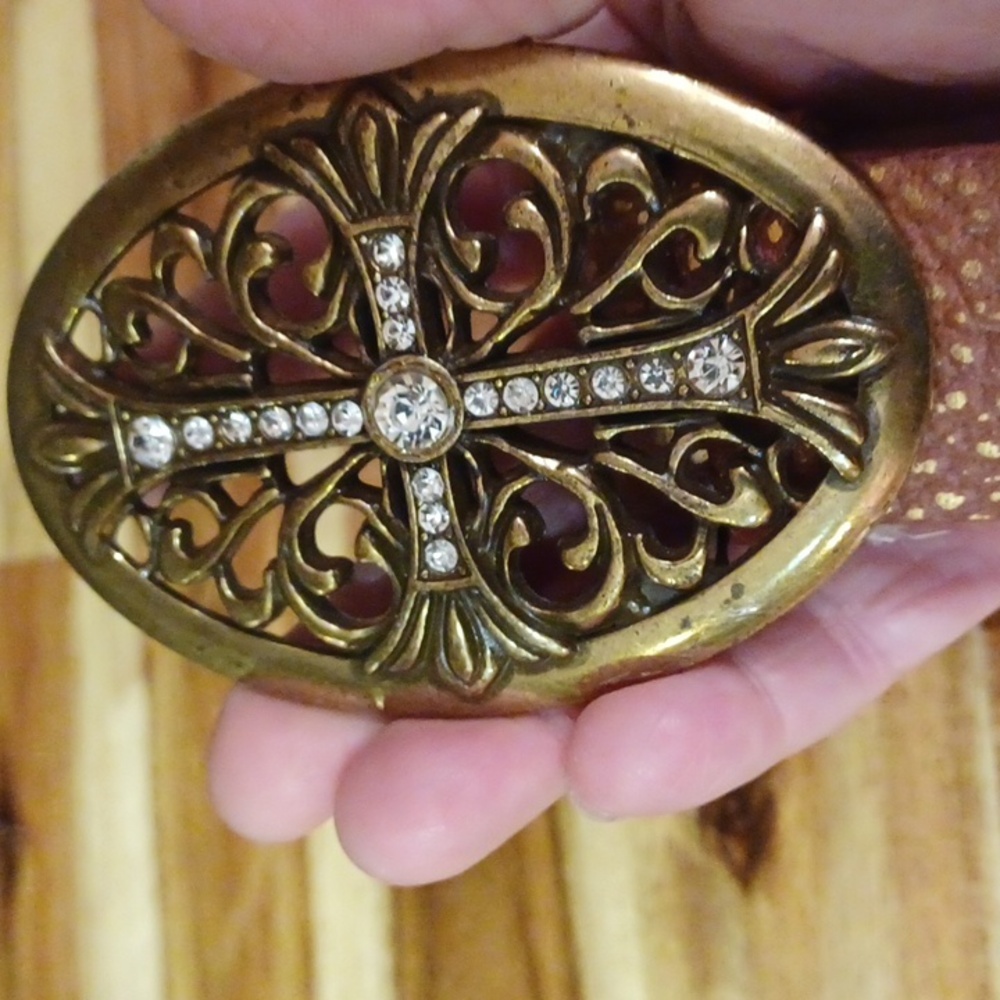 Vintage Brass Rhinstone Womans Oval Cross Western Studded 100% Leather Belt - Picture 12 of 16
